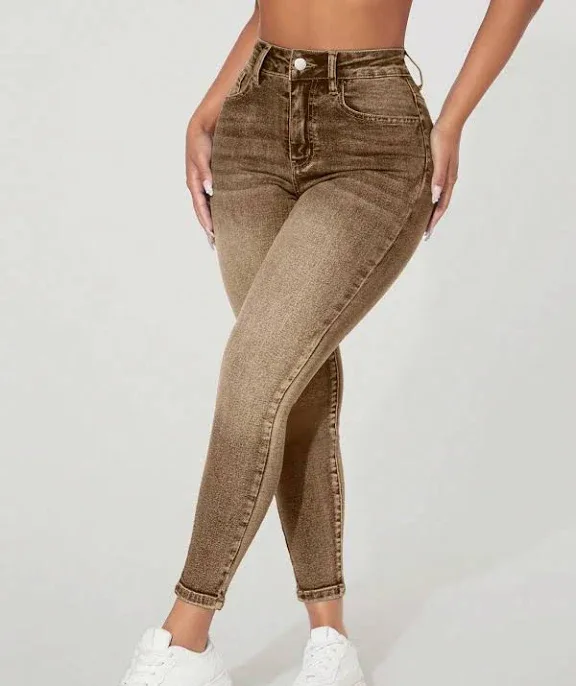 Shein Women's Front Button Pocket Simple Fitted Casual Denim Trousers
