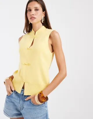 ASOS DESIGN frogging front knit sleeveless top in pale yellow