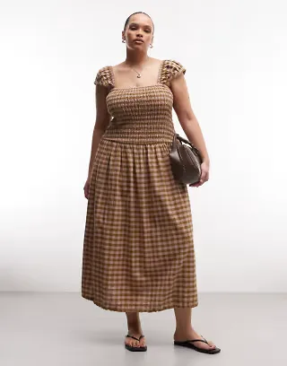 COLLUSION Plus shirred cap sleeve midi dress in green check