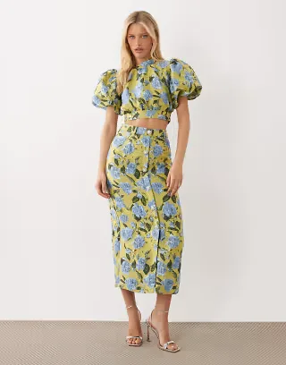 Dream Sister Jane jacquard puff sleeve top and mid rise skirt set in green floral