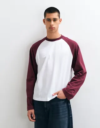 ASOS DESIGN boxy oversized long sleeve raglan t-shirt in burgundy
