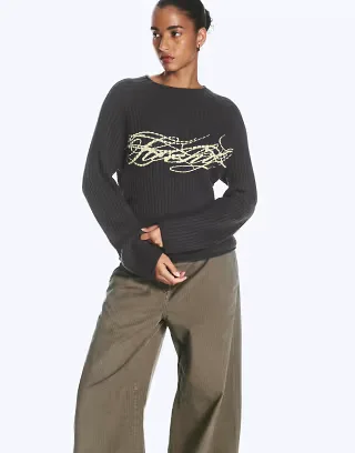 Weekday slim fit sweater with lucky graphic in dark gray