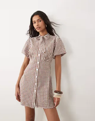 Wednesdays Girl tie collar detailed puff sleeve button mini dress in brown check