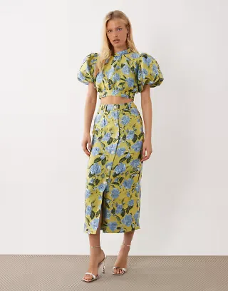 Dream Sister Jane Seagrass jacquard mid rise midi skirt in green floral - part of a set