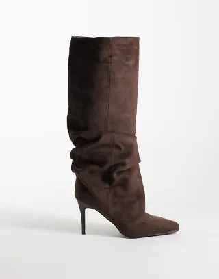 Simmi London Wide Fit Reece ruched knee boots in brown suedette