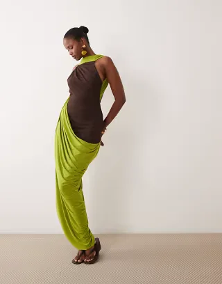 ASOS DESIGN maxi dress with draped skirt into scarf detail in brown and green