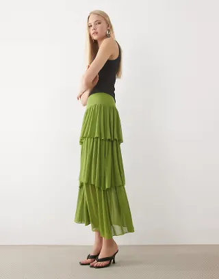 ASOS DESIGN mesh asymmetric tiered midaxi skirt in green