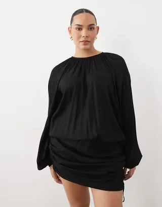 ASOS DESIGN Curve crew neck mini dress with gathered skirt detail in black