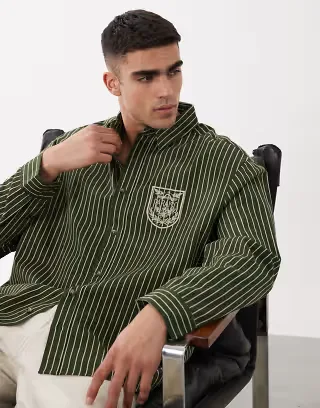 ASOS DESIGN oversized twill striped shirt with chest embroidery in green