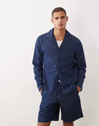 Mango 100% linen long sleeve denim look shirt in blue