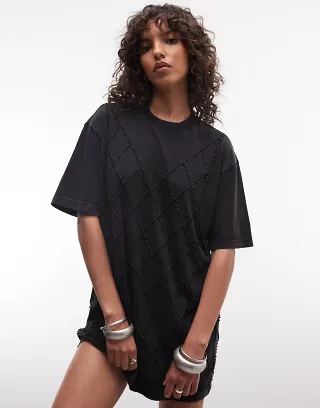 AllSaints Darcy short sleeve diamante detail T-shirt mini dress In washed black
