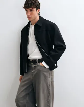ASOS DESIGN zip up wool look jacket in black