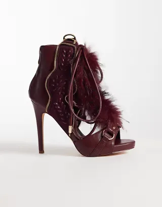 Azalea Wang Shainy fluffy detail high heel boots in burgundy