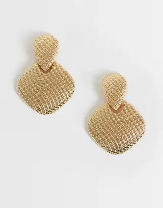 ASOS DESIGN Drop earrings with textured design in brushed gold tone
