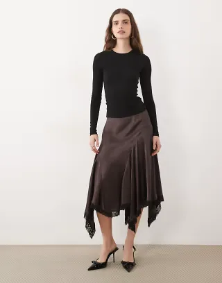 ASOS DESIGN satin hanky lace hem midi skirt in chocolate