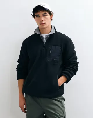 JJ Rebel teddy jacket with front pocket detail in black