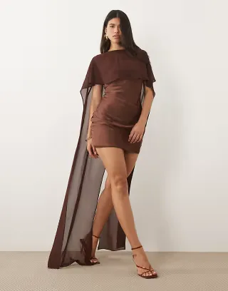 TFNC satin mini dress with mesh cape and skirt in chocolate