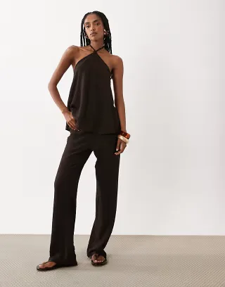 ASOS DESIGN textured halterneck top set in chocolate
