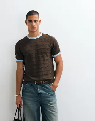 ASOS DESIGN heavyweight regular ringer t-shirt in brown textured fabric