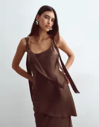 ARRANGE tie shoulders satin maxi dress in chocolate