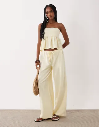 ASOS DESIGN micro striped wide leg pants in buttermilk - part of a set