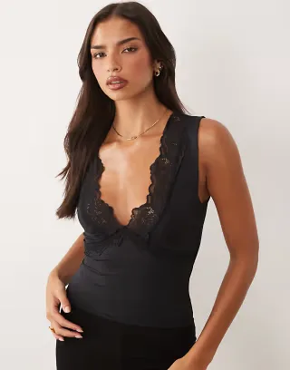 ASOS DESIGN slinky v-neck lace trim top in black