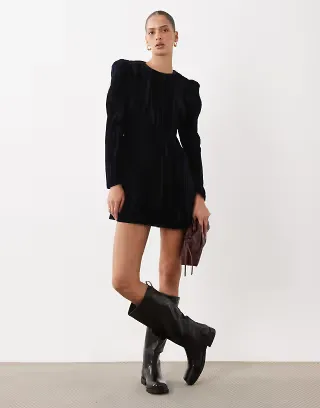 ASOS DESIGN crew neck button through velvet mini dress in navy