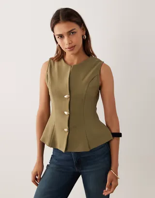 ASOS DESIGN interlock sleeveless peplum top with gold-tone abstract button detailing in khaki green