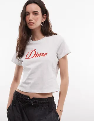 Dime cursive crochet applique logo baby tee in gray