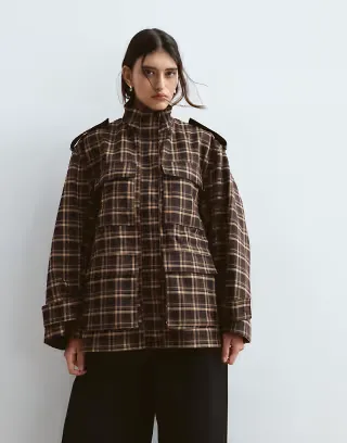 ARRANGE oversized funnel neck cargo jacket in chocolate plaid