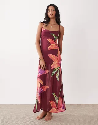 Aray sheer beach maxi dress in dark pink floral print