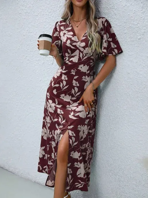 SHEIN Women's Tropical Plant Print V-Neck Ruffle Short Sleeve Long Elegant Dress With Side Slit Hem, Perfect For Vacatio