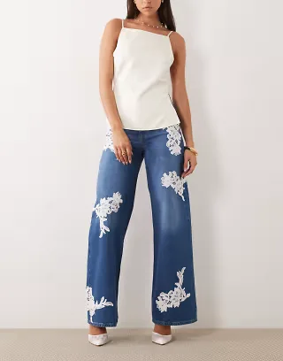 ASOS LUXE lace applique wide leg jeans in blue