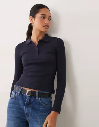 Brave Soul long sleeve ribbed polo top in navy