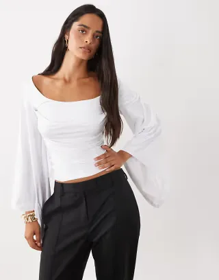 ASOS DESIGN drape detail polyamide long sleeve top in ecru