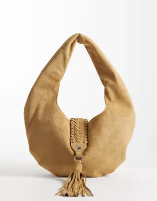 ASOS DESIGN woven handle faux suede shoulder bag in tan