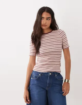 Nobody's Child ribbed cotton blend bodyfit crew neck t-shirt in pink stripes