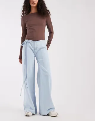 Mango Teen 100% cotton wide leg jeans with tie waist in light blue