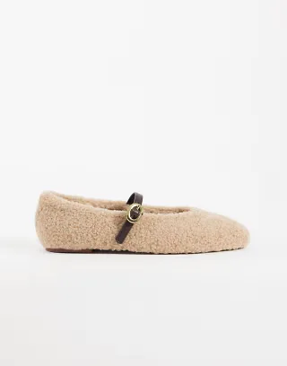 ASOS DESIGN Lillie mary jane ballet flats in natural borg