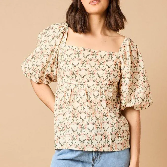 Oasis Women's Printed Puff Sleeve Square Neck Cotton Top