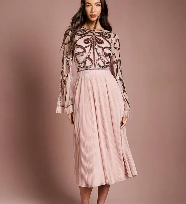 Coast Women's Lisa Tan Bow Embellished Long Sleeve Midi Dress