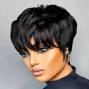 Short Bob Pixie Cut Human Hair Wig for Women, Glueless Lace Front Wig with Bangs, Natural Black Straight Brazilian Hair