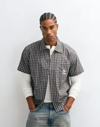 Colt grid boxy fit pocket logo button up shirt in olive check