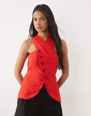 ASOS DESIGN Tailored wrap neck vest in red