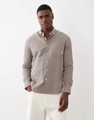 Farah Stanford long sleeve lightweight logo shirt in dark stone
