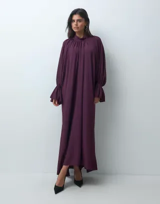 IYAL crepe high neck boho tie sleeve detail maxi dress in burgundy