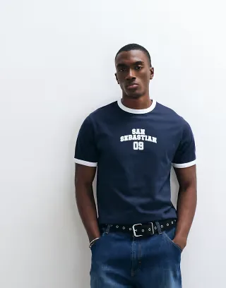 ASOS DESIGN regular fit ringer T-shirt with San Sebastian graphic in navy