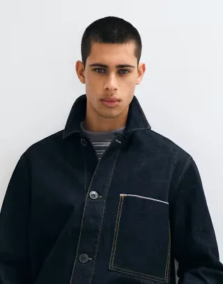 Selected set selvage denim jacket with contrast stitching in dark blue