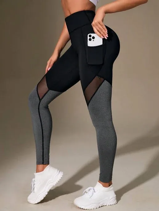 SHEIN Women's High Waisted Colorblock Mesh Leggings with Phone Pocket