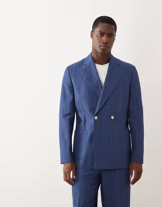 ASOS DESIGN linen blend regular double breasted suit jacket in blue stripes